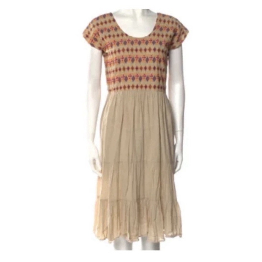 Anthropologie Carolina K Sz XS Tan Embroidered Tiered Midi Dress Boho Artsy Flaw